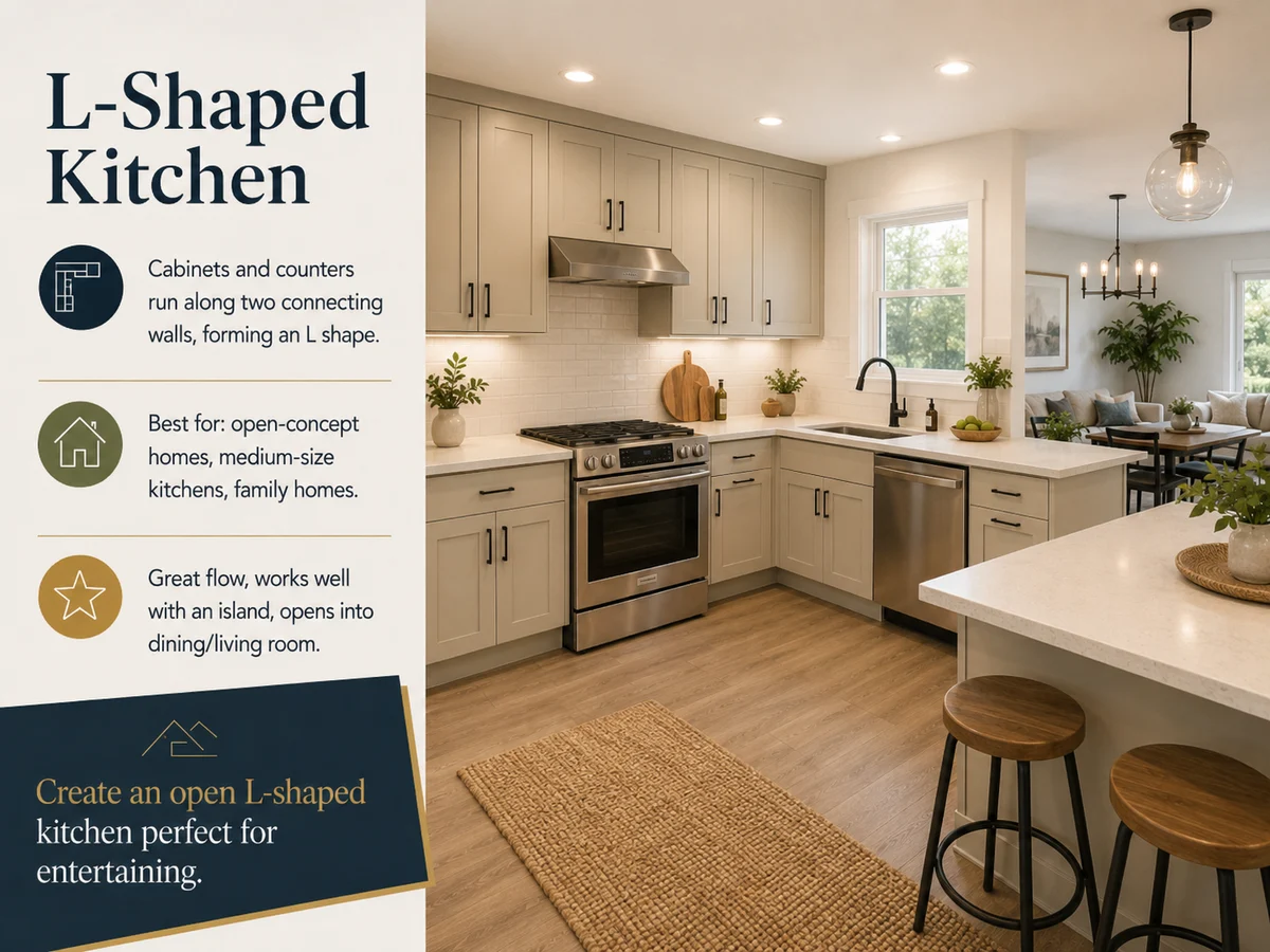 L-Shaped Kitchen layout card — Cabinetry runs along two adjoining walls, leaving an open corner and flexible floor space. Best for: Most La Quinta homes — it adapts to open or closed plans and leaves room to add an island later.