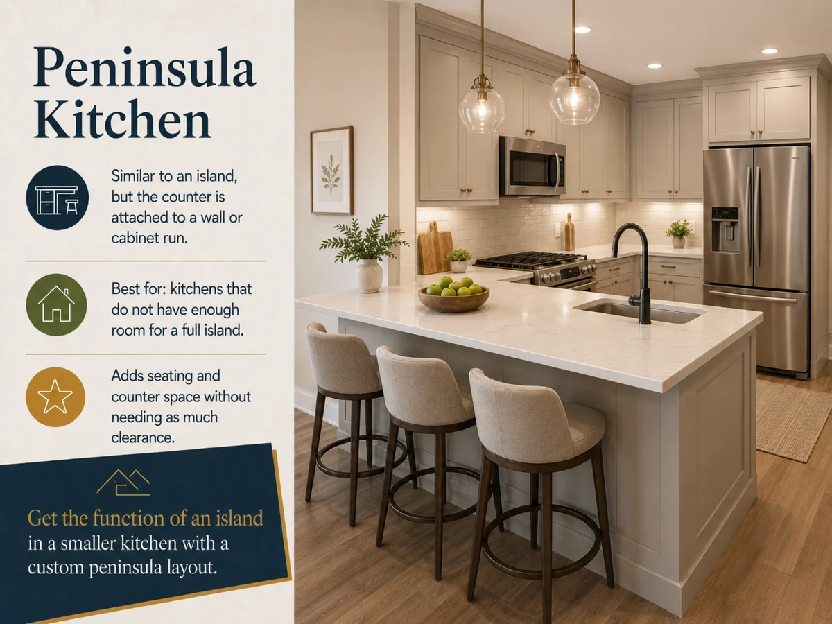 Peninsula Kitchen layout card — A connected counter extends from the cabinetry, adding seating and prep space without a freestanding island. Best for: Kitchens that want island-style seating but don't have the clearance an island needs.